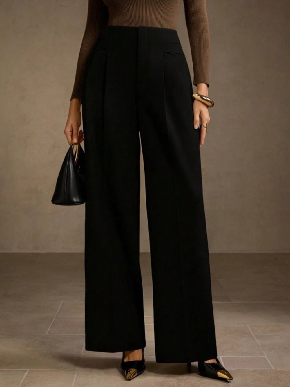 Black Pleated High Waist Wide Leg Trousers